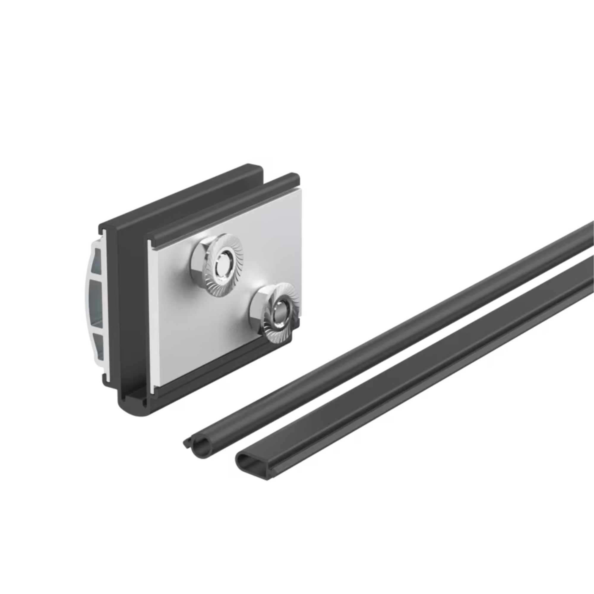 A metal mounting bracket with two silver adjustment knobs and two long black guide rails, shown on a plain white background.