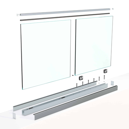 A clean studio rendering of a sliding glass door or window system with two large transparent panels, a long horizontal metal top rail, and several long metal track pieces and mounting hardware arranged below on a white background.