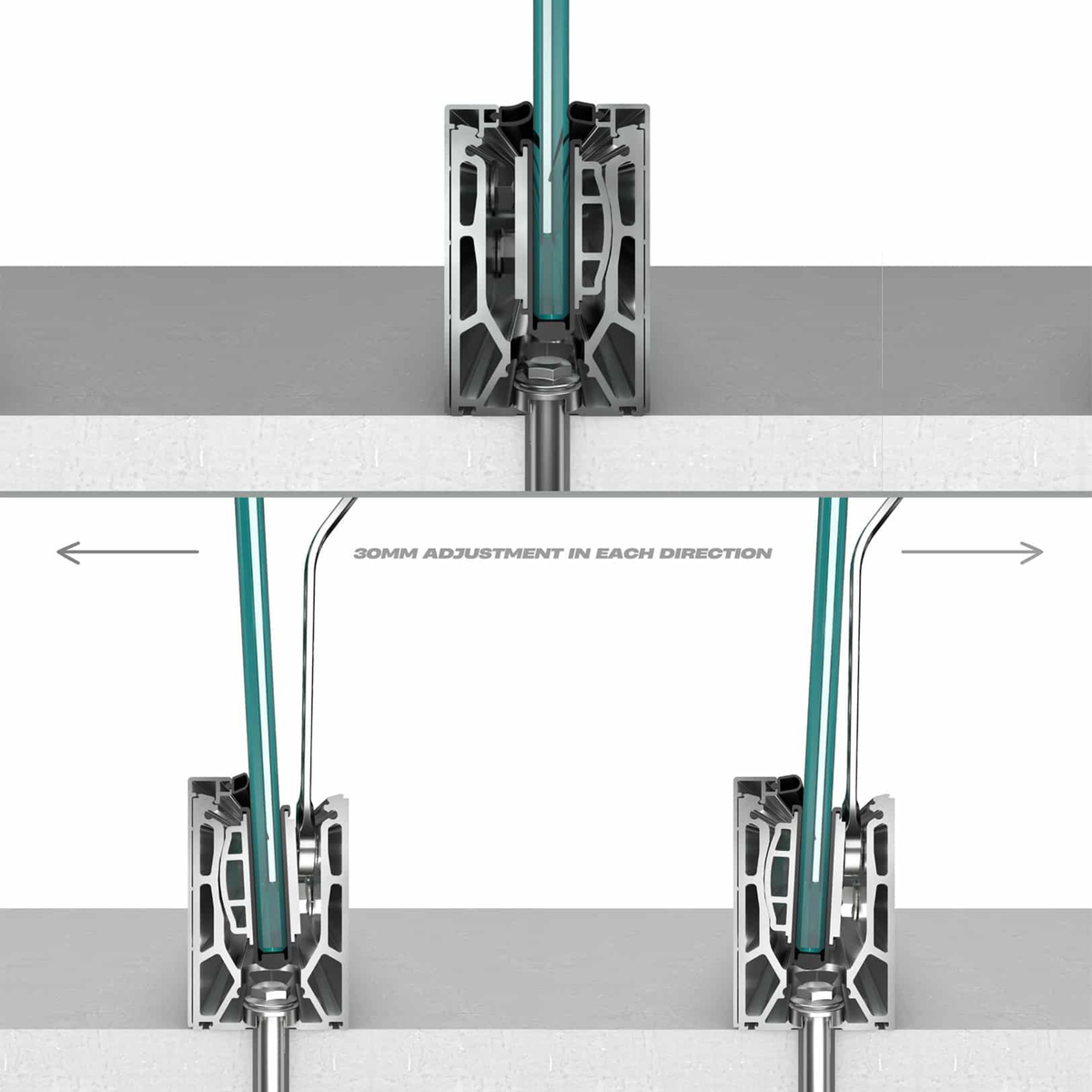 Technical cross-section diagram showing a metal wall or window cladding joint with teal vertical infill panels and adjustable clamps. The top view shows the installed clasp, while the bottom view shows two units with arrows indicating 300mm adjustment in each direction.