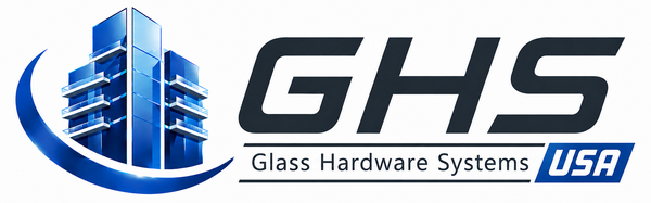 GHS Glass Hardware Systems USA logo featuring a blue 3D building graphic and a blue swoosh on a white background.